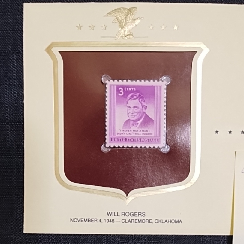 Vintage Will Rogers Commemorative Stamp Display "Historic Stamps of America"